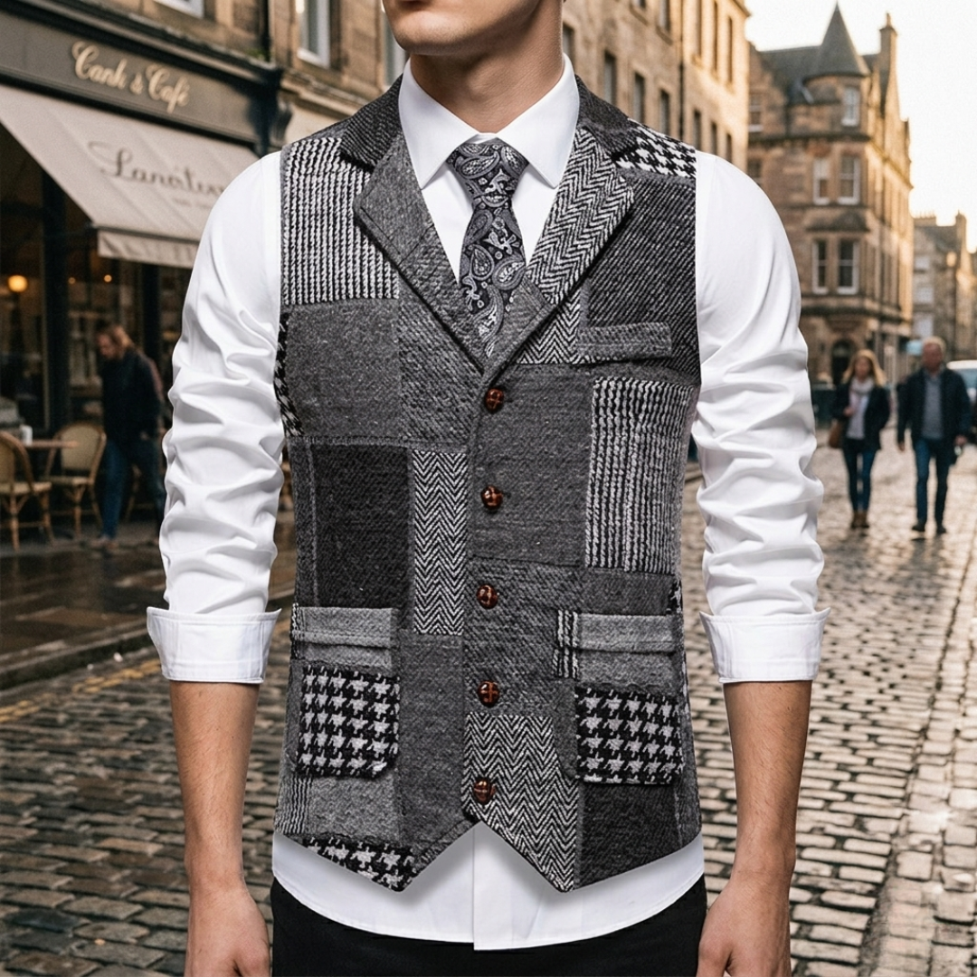 Gilet Elegante Completo Tweed Uomo Slim Fit Patchwork