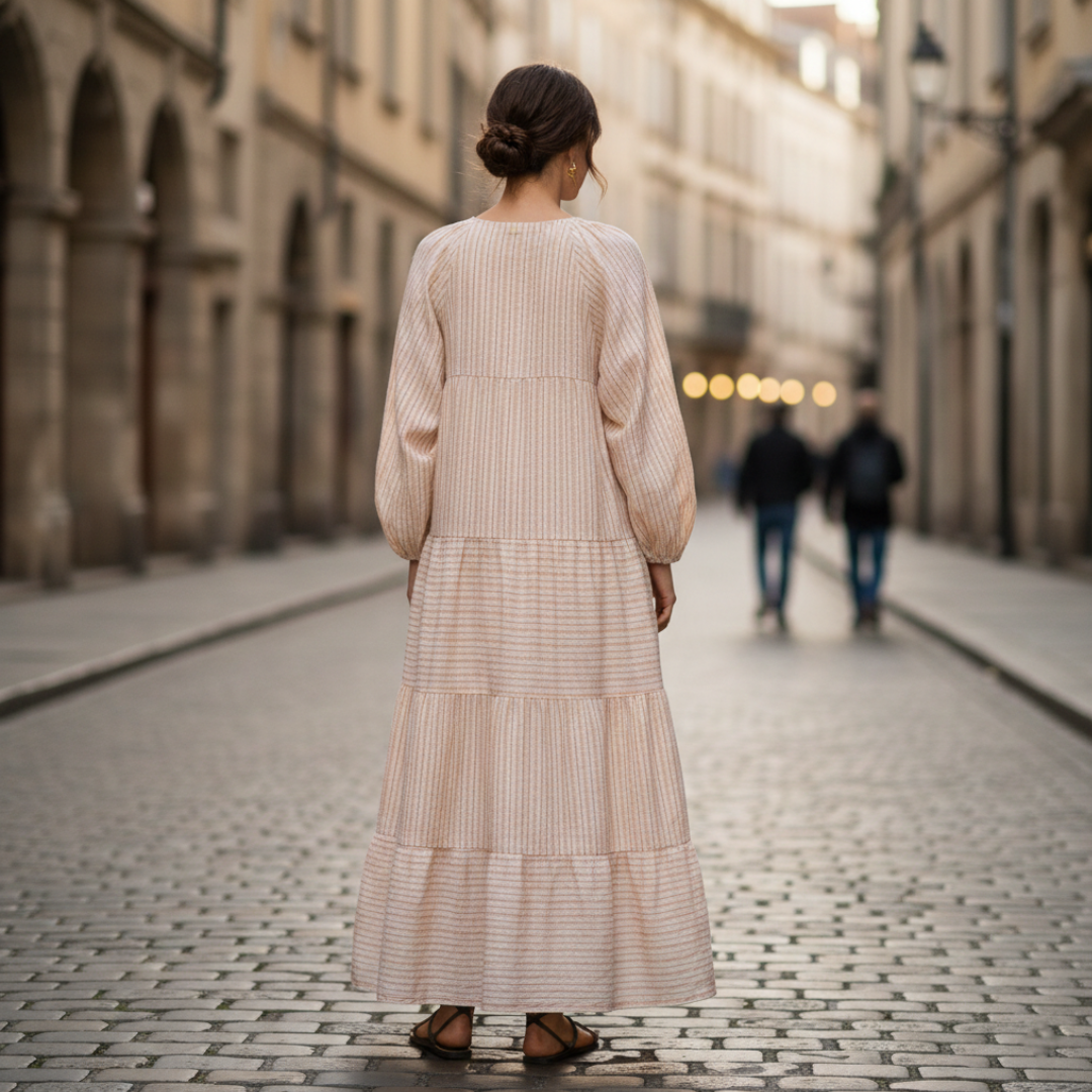 Abito Maxi Donna Beige con Maniche Lunghe