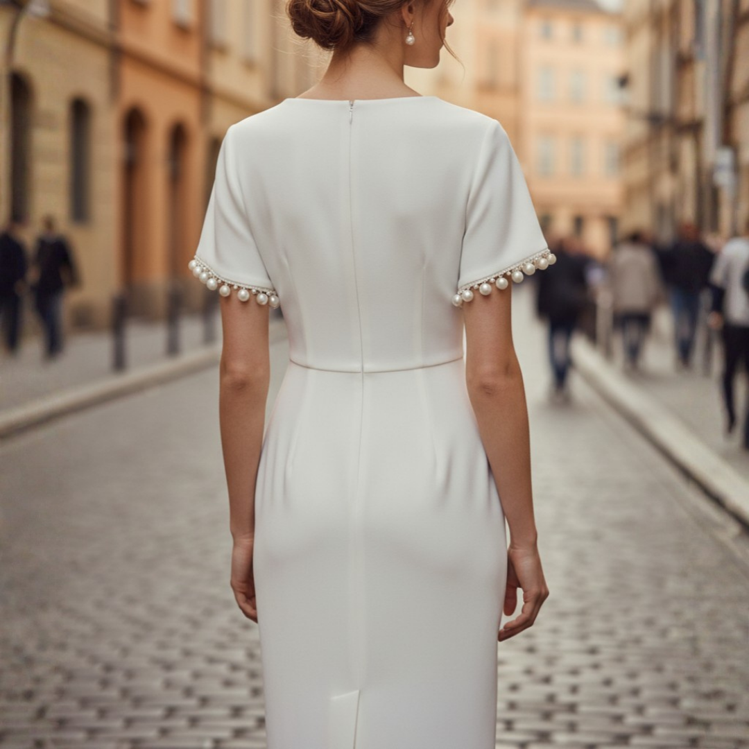 Abito Donna Bianco Midi con Perle e Nodo in Vita