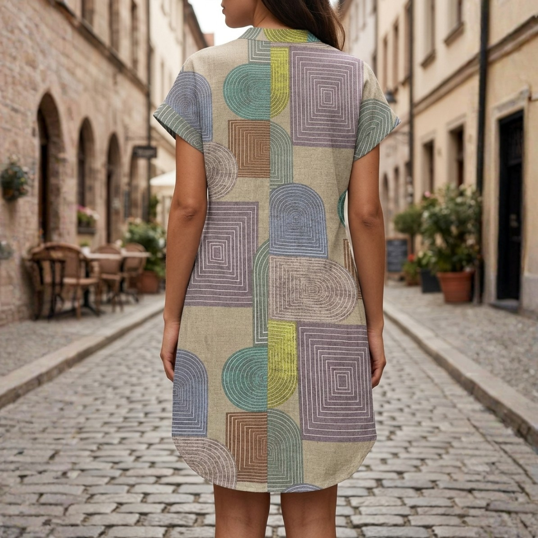 Abito Camicia Donna Maniche Corte con Bottoni e Scollo a V Mini Fantasia Geometrica