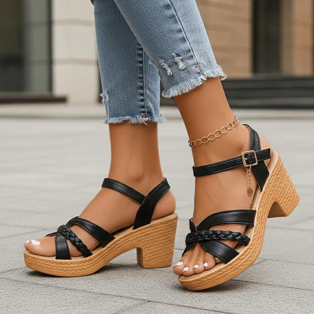 Sandali Donna con Tacco Largo e Piattaforma Intrecciata