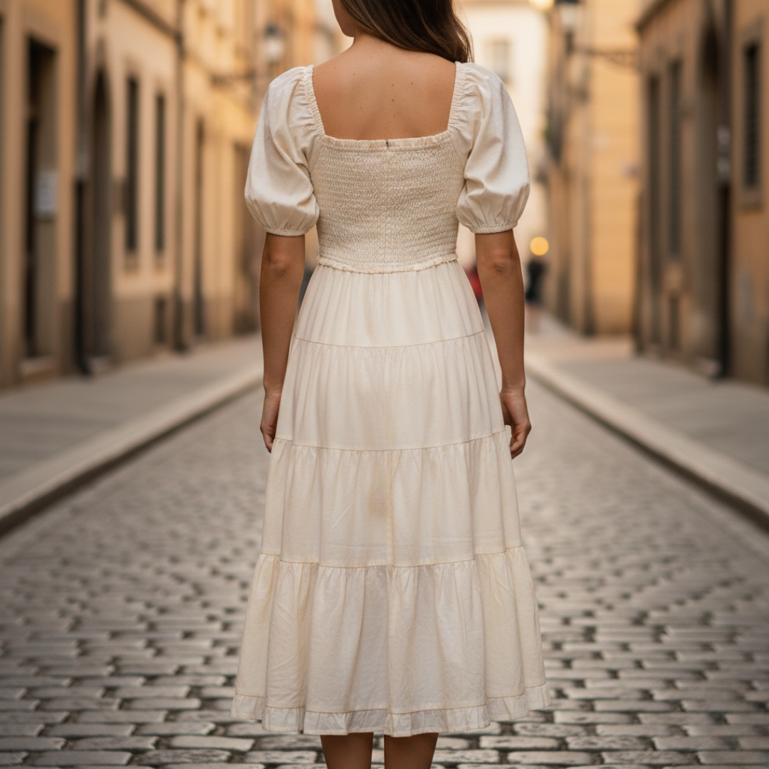 Abito Midi Donna Scollo Quadrato Maniche Sbuffo Cotone Crema