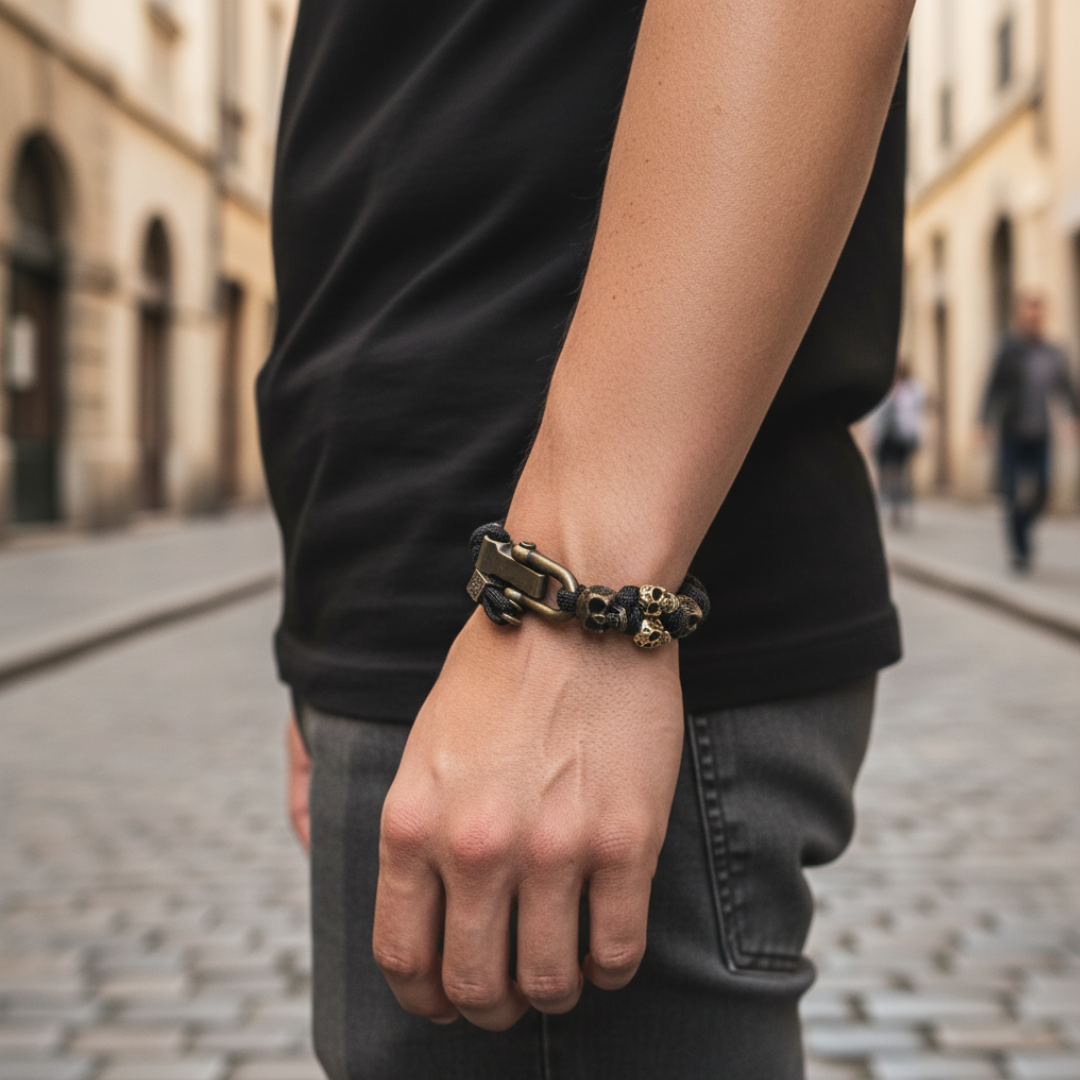 Bracciale Uomo Paracord con Teschi in Metallo Bronzo