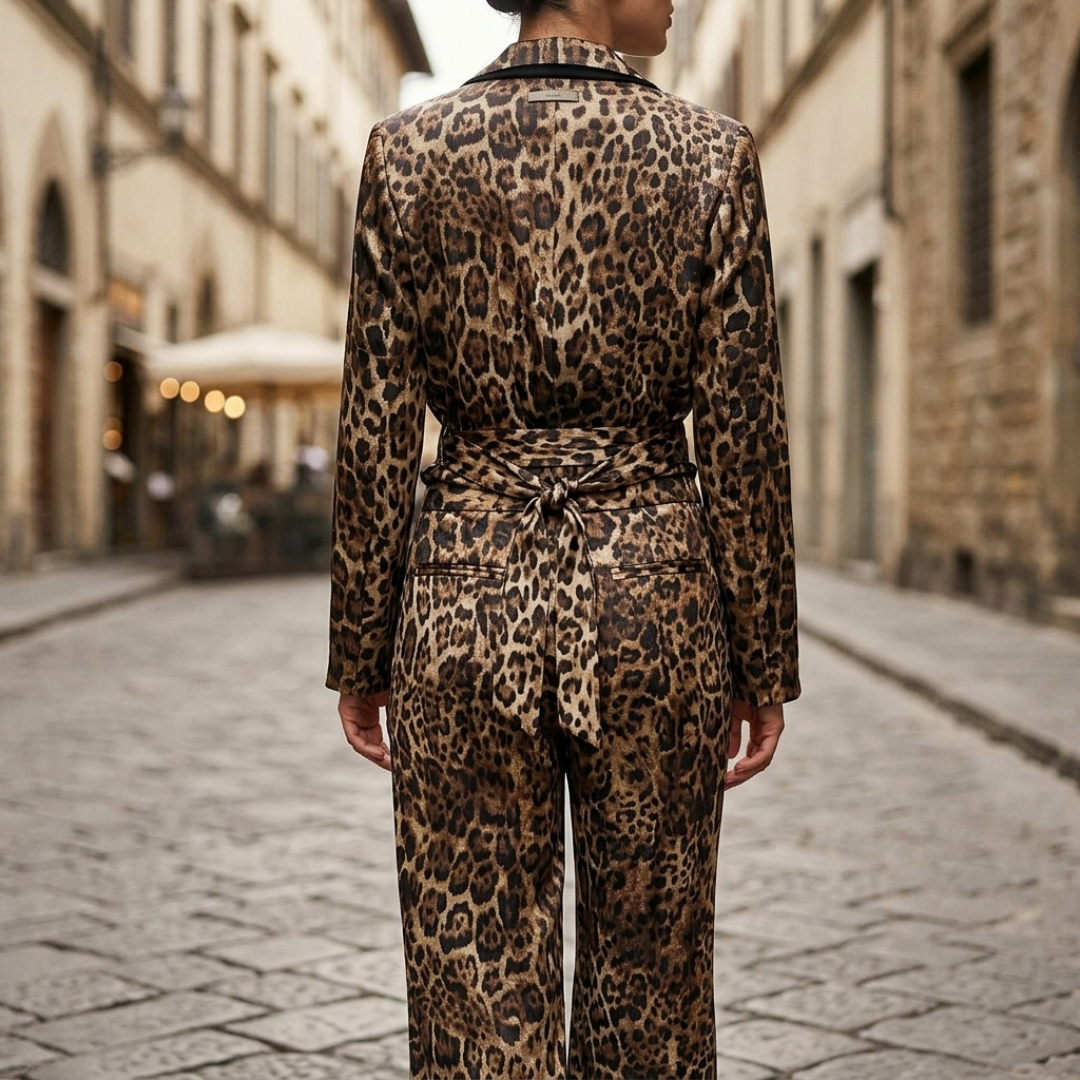 Completo Donna Blazer Doppiopetto con Cintura e Pantaloni Stampati Leopardo