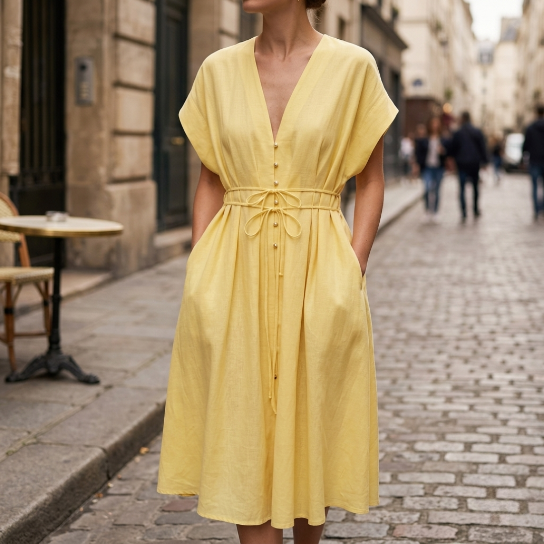 Abito Lungo Donna Drappeggiato Scollo a V Maniche Corte