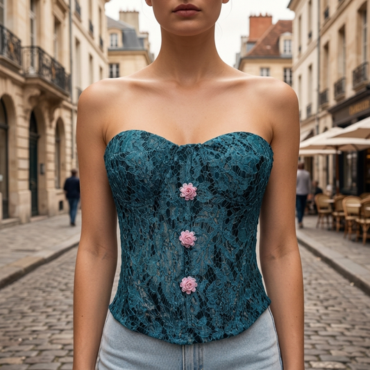 Corsetto in Pizzo Senza Spalline Scollo a Cuore Verde Teal Donna
