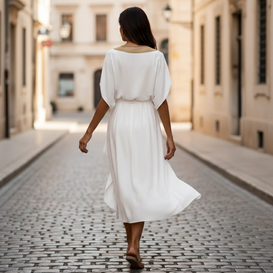 Abito Midi Donna Scollo a V Dettaglio Dorato Bianco Estate