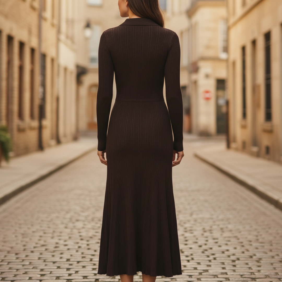 Abito Maxi Donna Marrone a Costine con Colletto e Bottoni