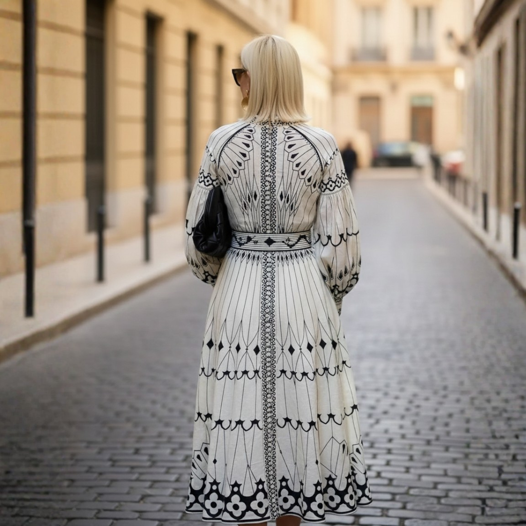 Abito Lungo Donna con Stampe e Cintura