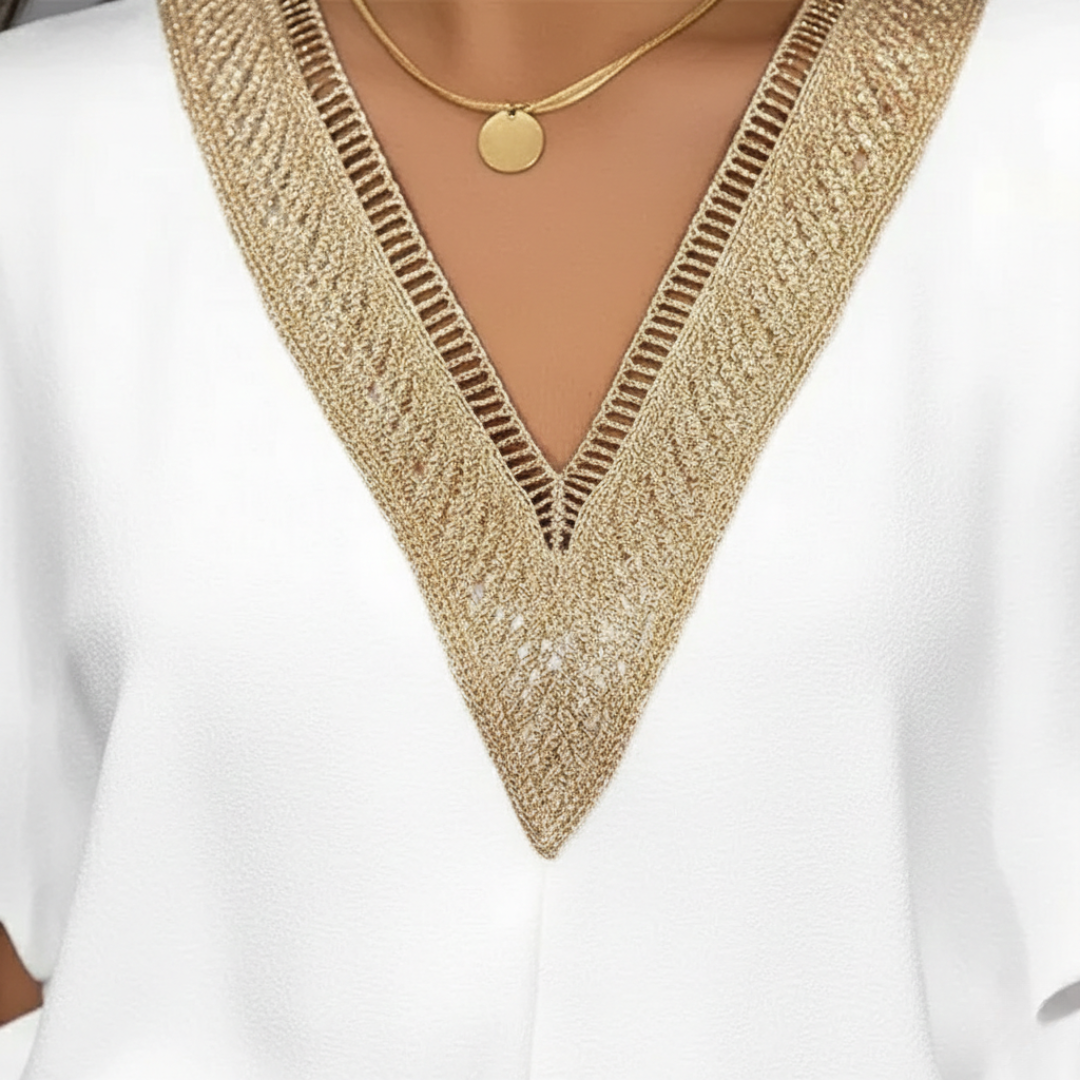 Abito Midi Donna Scollo a V Dettaglio Dorato Bianco Estate