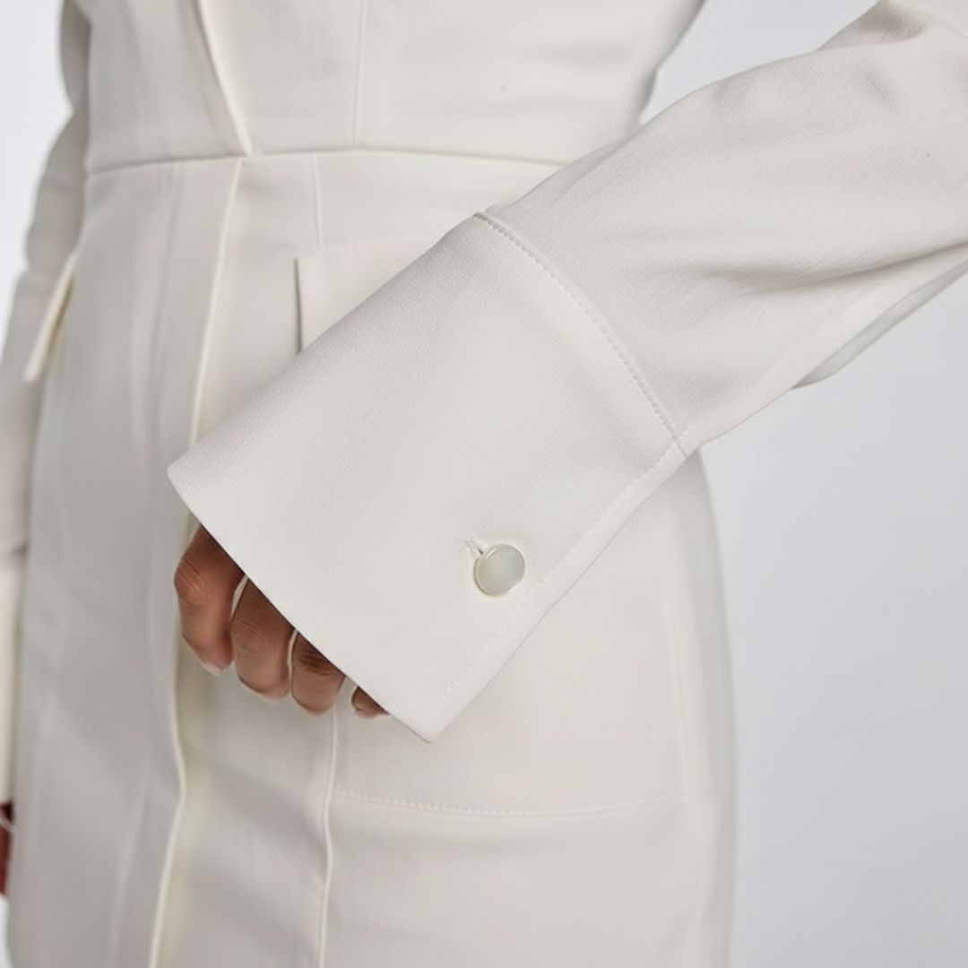 Mini Abito Donna Spalle Scoperte Maniche Lunghe Design Asimmetrico Bianco