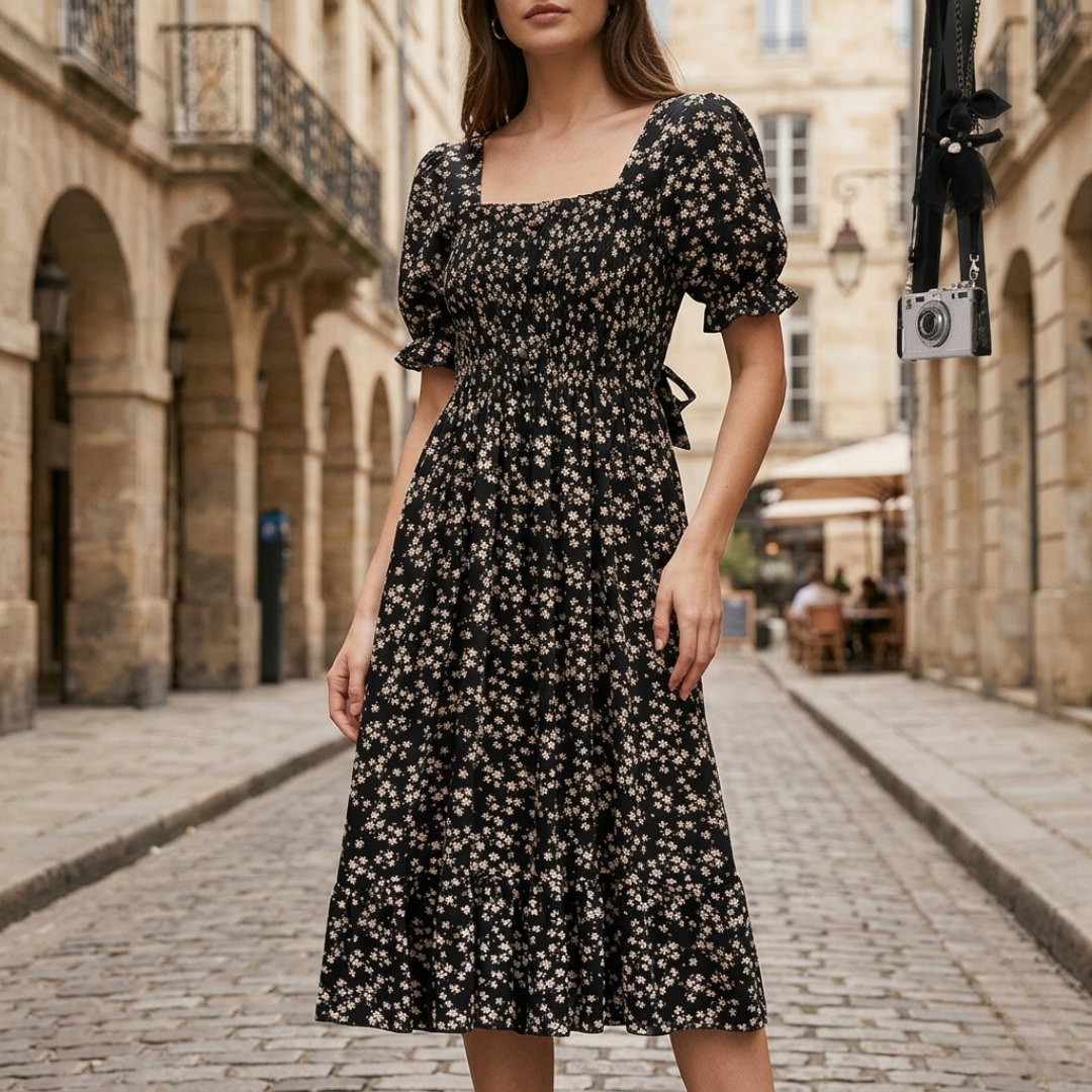 Abito Midi Donna Floreale Drappeggiato Maniche a Sbuffo