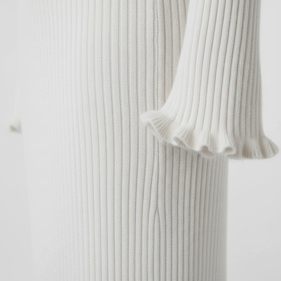 Abito Maxi Donna Bianco a Costine con Maniche Lunghe