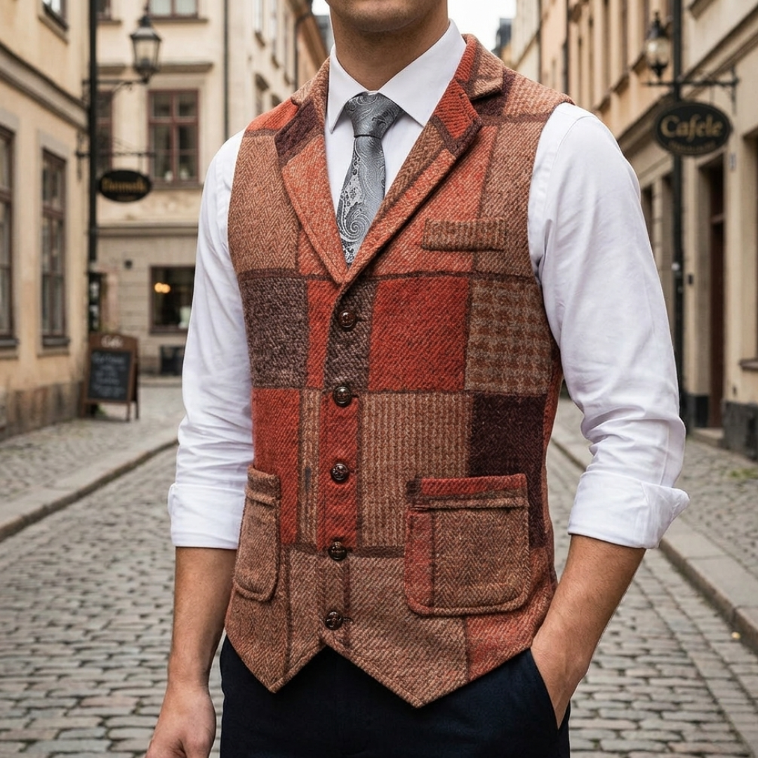 Gilet Elegante Completo Tweed Uomo Slim Fit Patchwork