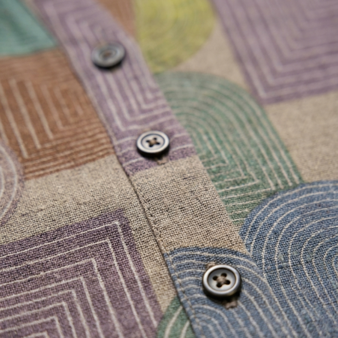 Abito Camicia Donna Maniche Corte con Bottoni e Scollo a V Mini Fantasia Geometrica