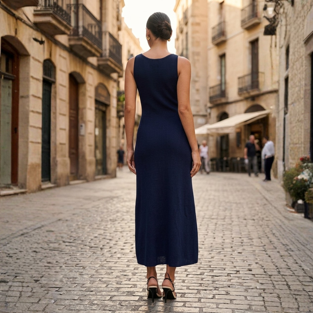 Abito Maxi Donna in Maglia Senza Maniche con Bottoni e Costine Slim
