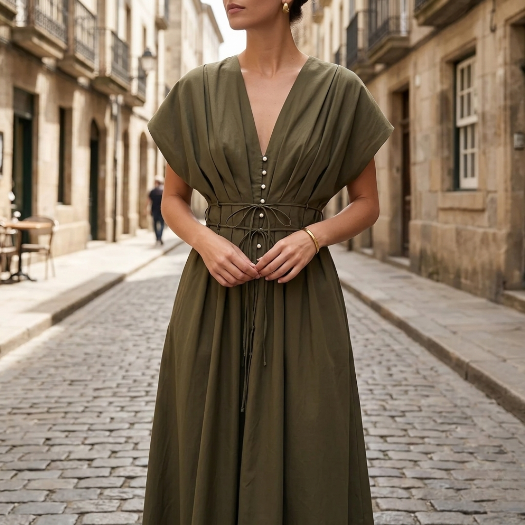 Abito Lungo Donna Drappeggiato Scollo a V Maniche Corte