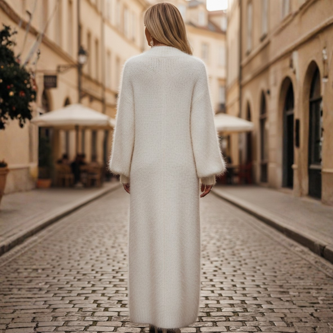Abito Midi Donna con Scollo a V in Maglia Effetto Pelliccia