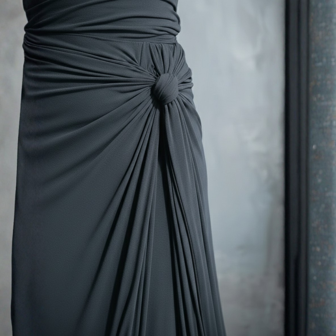 Abito Maxi Donna Slim Fit con Nodo Laterale e Maniche Lunghe