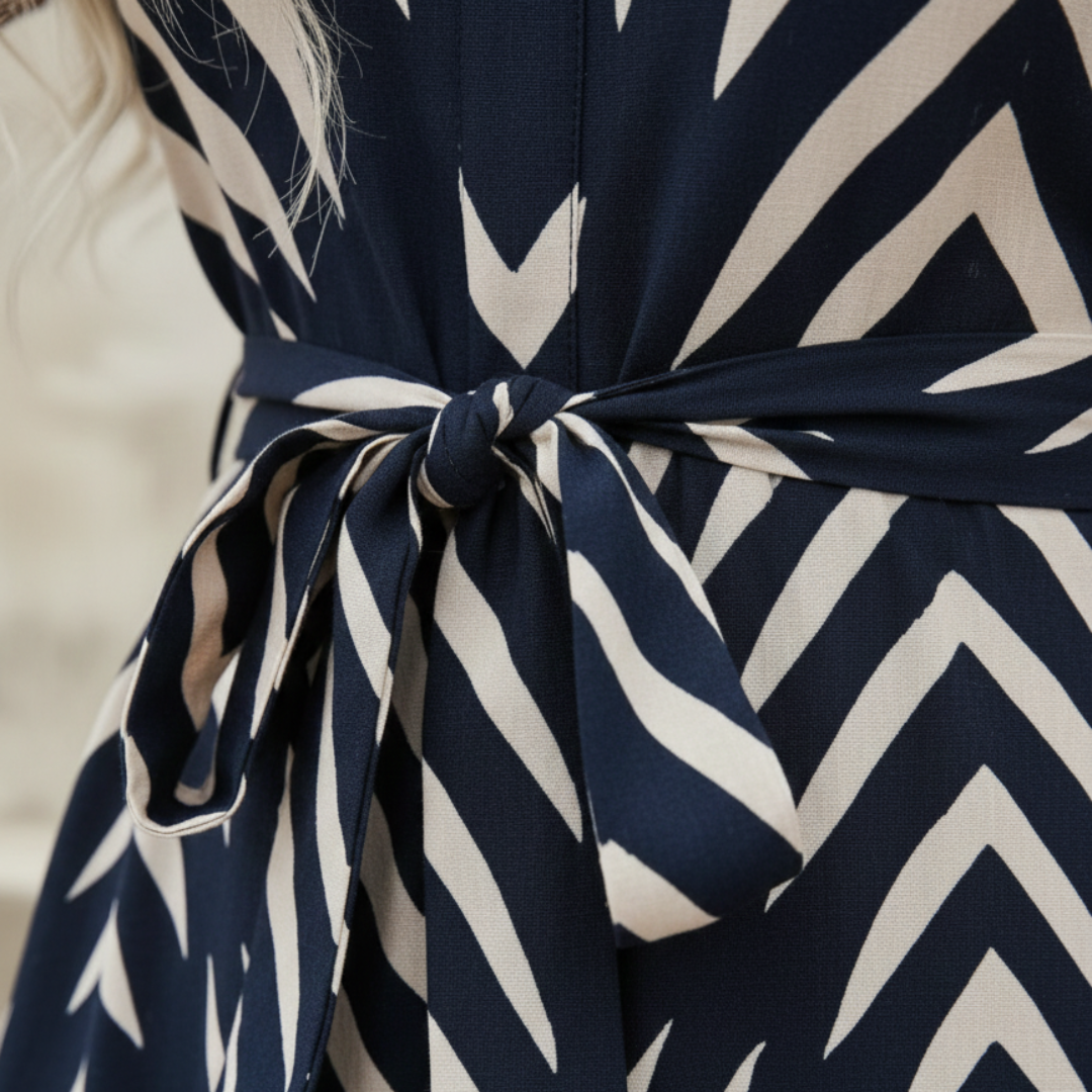 Abito Midi Donna a Righe con Scollo a V e Cintura