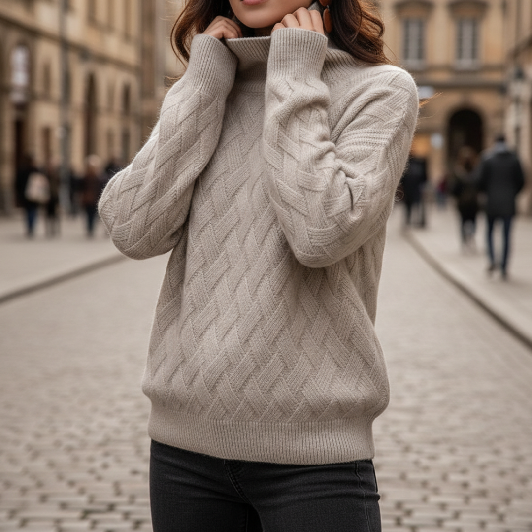 Maglione Donna Dolcevita con Trecce Beige e Bianco