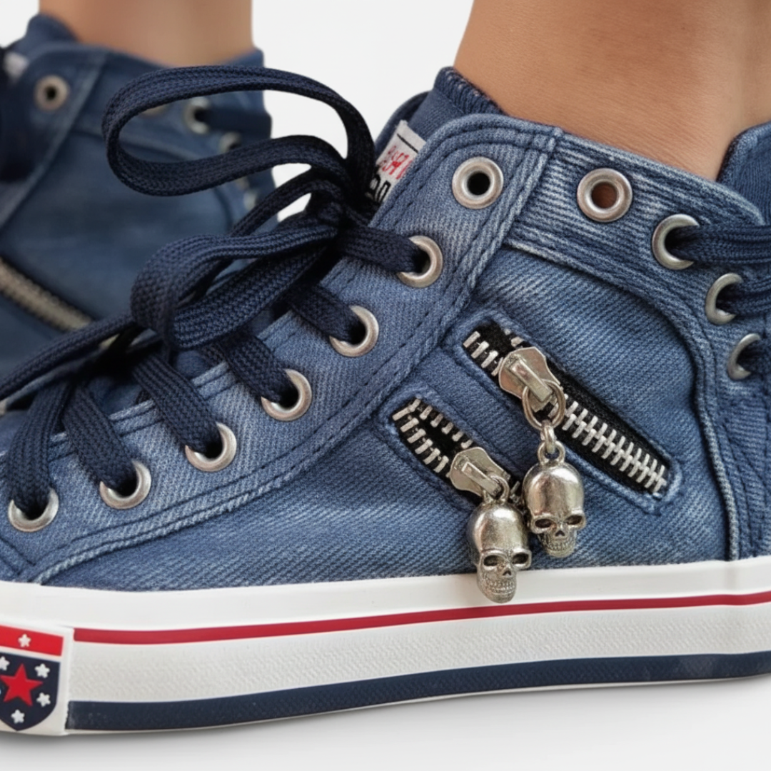 Sneakers Alte Donna in Denim Blu con Doppia Cerniera e Lacci