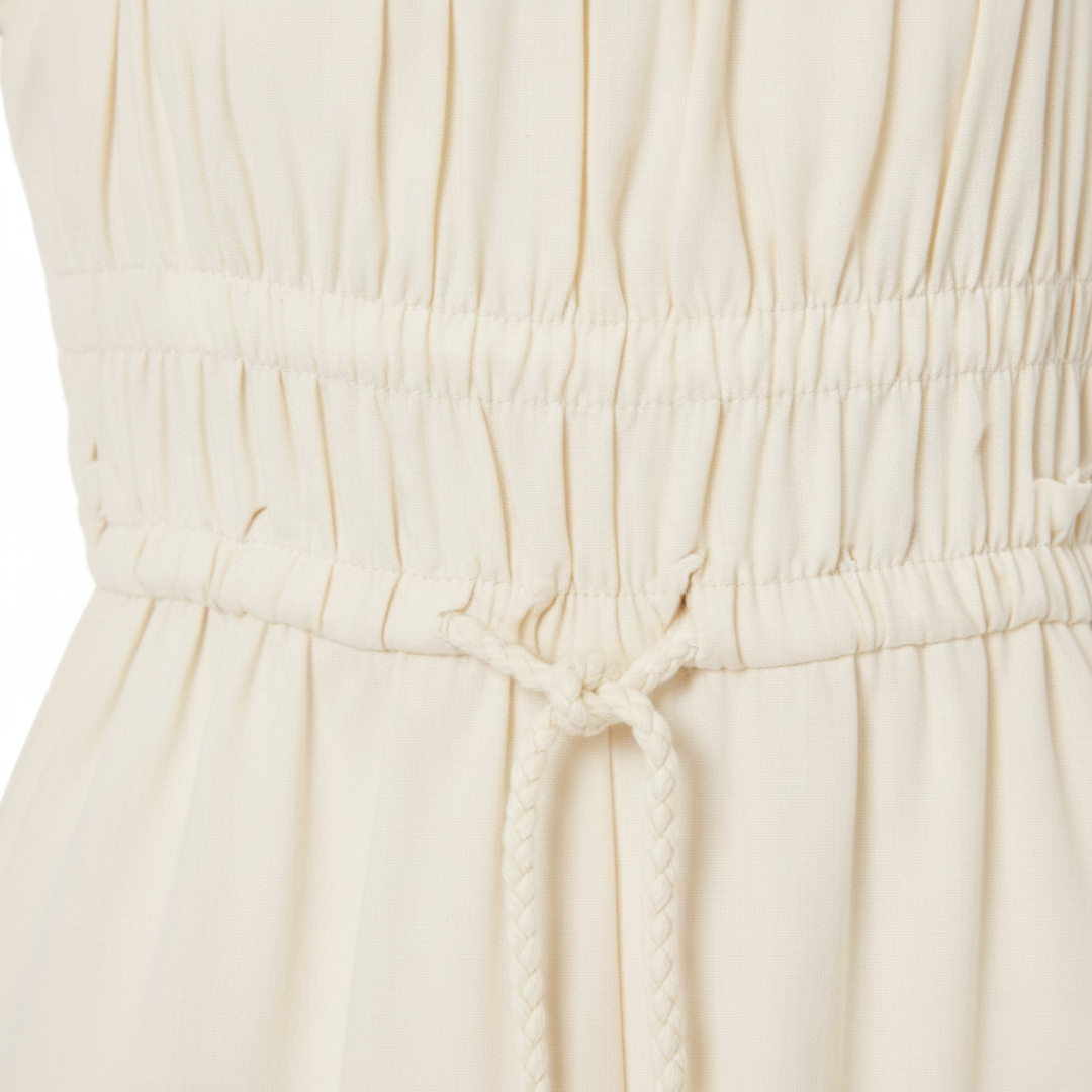 Abito Midi Donna Scollo Quadrato Maniche Sbuffo Cotone Crema