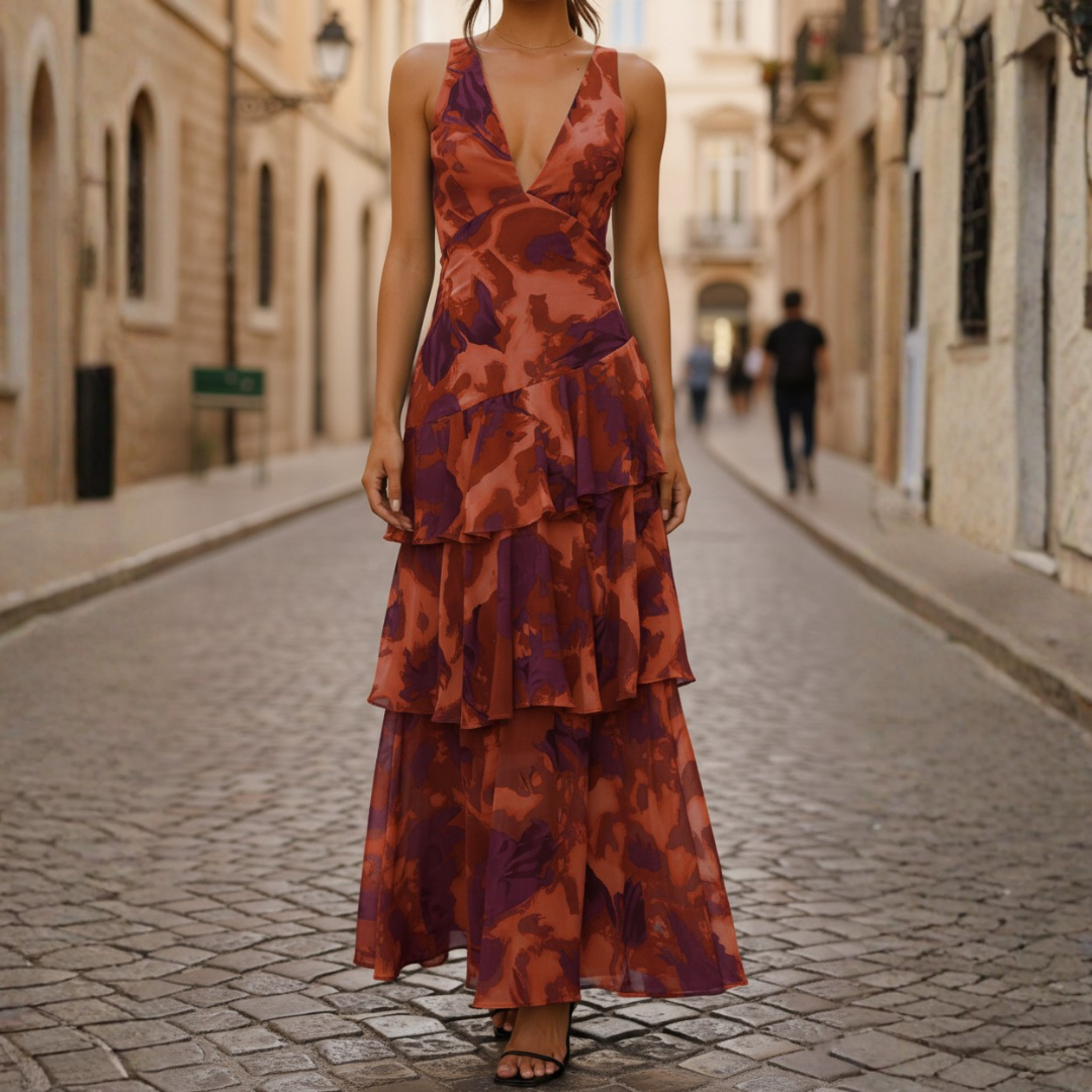 Abito Lungo Donna Multicolore con Balze e Scollo a V