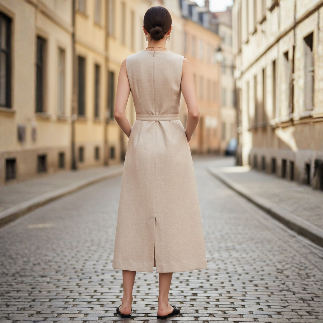 Abito Midi Donna Smanicato con Bottoni e Cintura