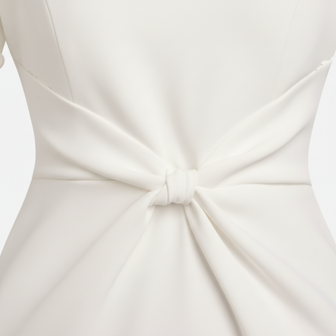 Abito Donna Bianco Midi con Perle e Nodo in Vita