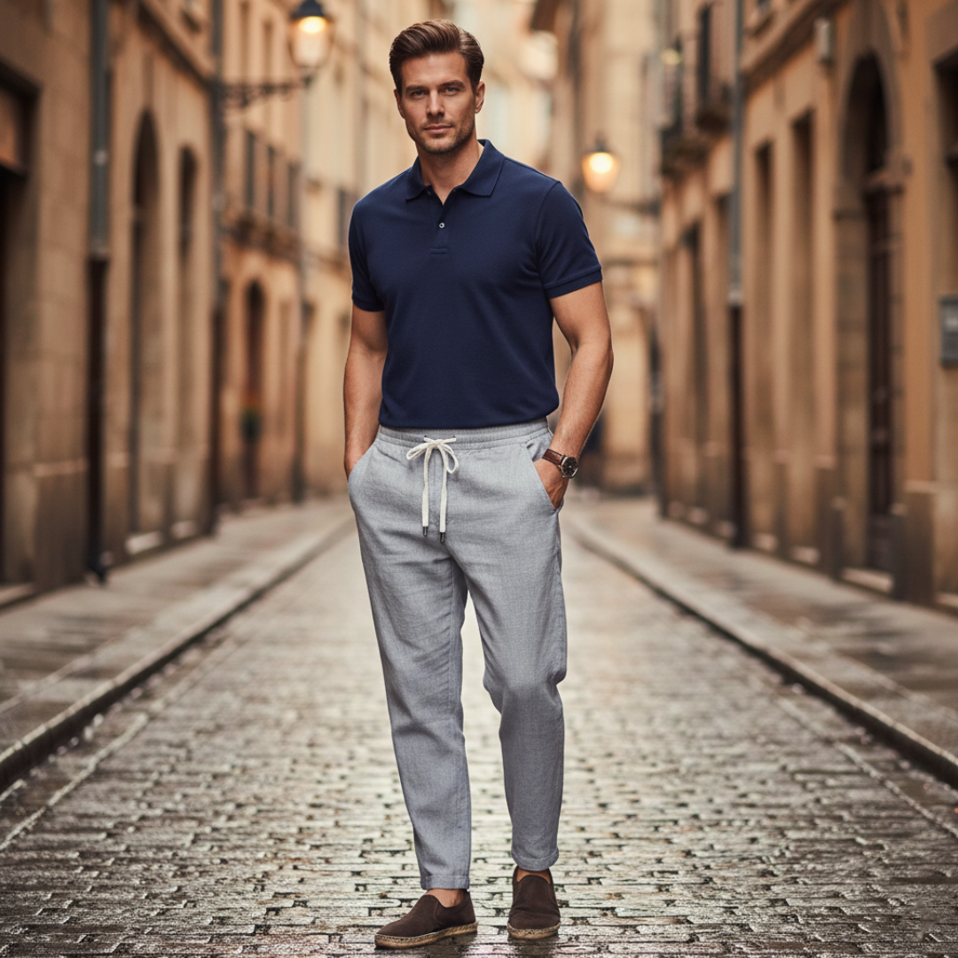 Pantaloni Uomo in Lino con Coulisse e Vita Elasticizzata Gamba Dritta