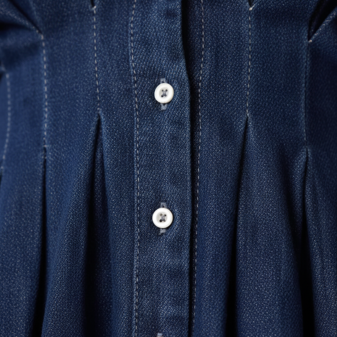Abito Mini Donna in Jeans Blu con Bottoni e Pieghe