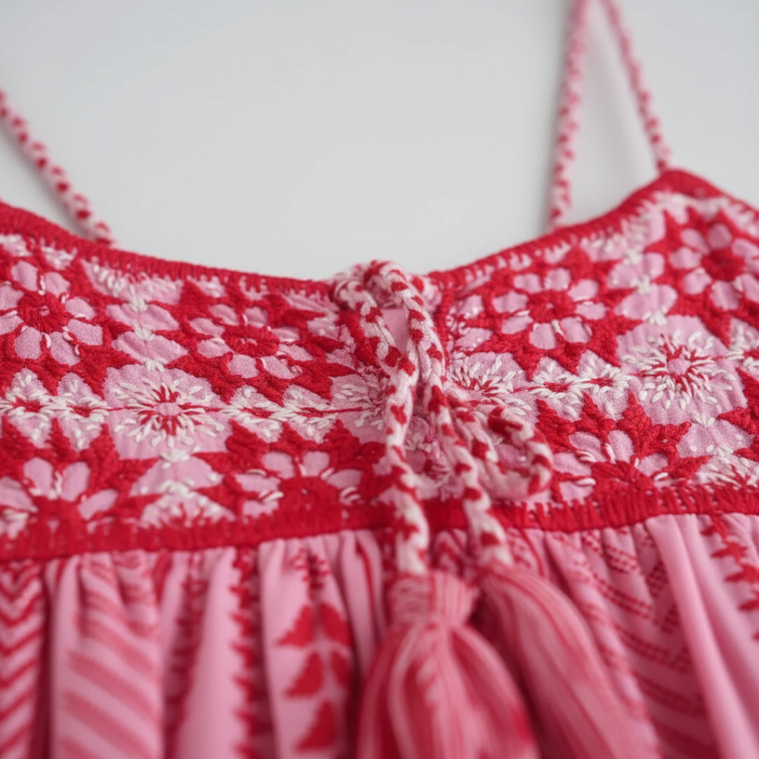 Abito Maxi Donna Rosa a Fantasia con Spalline Sottili
