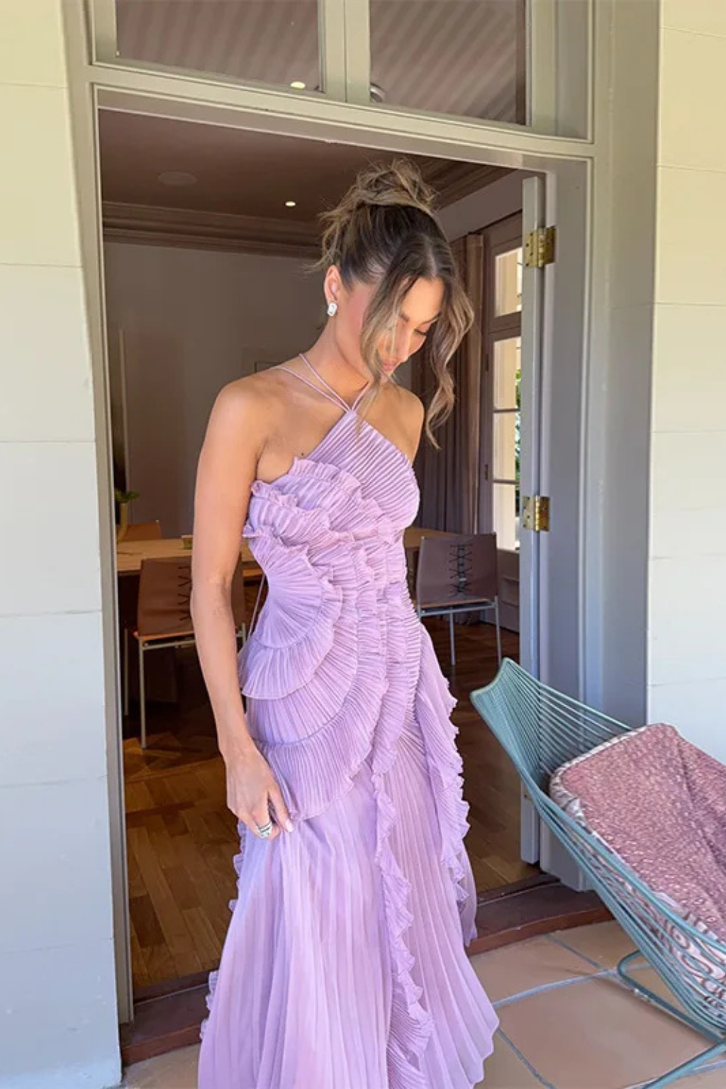 Abito Donna Raso Smanicato Rouches Maxi Cerimonia Estiva