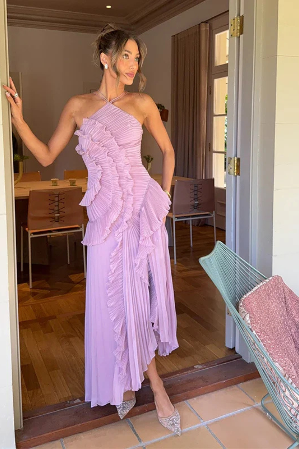 Abito Donna Raso Smanicato Rouches Maxi Cerimonia Estiva