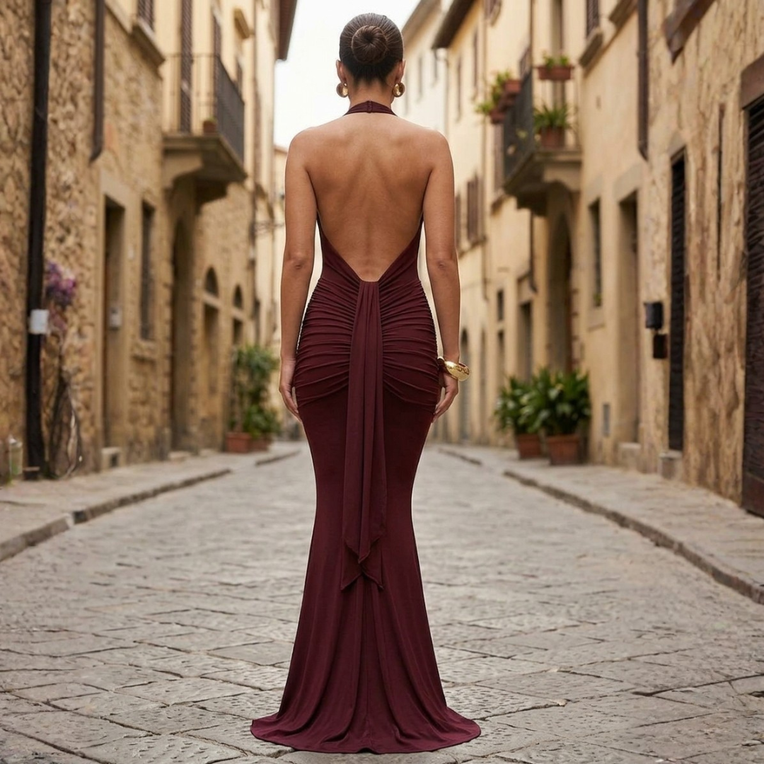 Abito Lungo Donna Drapery Schiena Scoperta Scollo a Halter