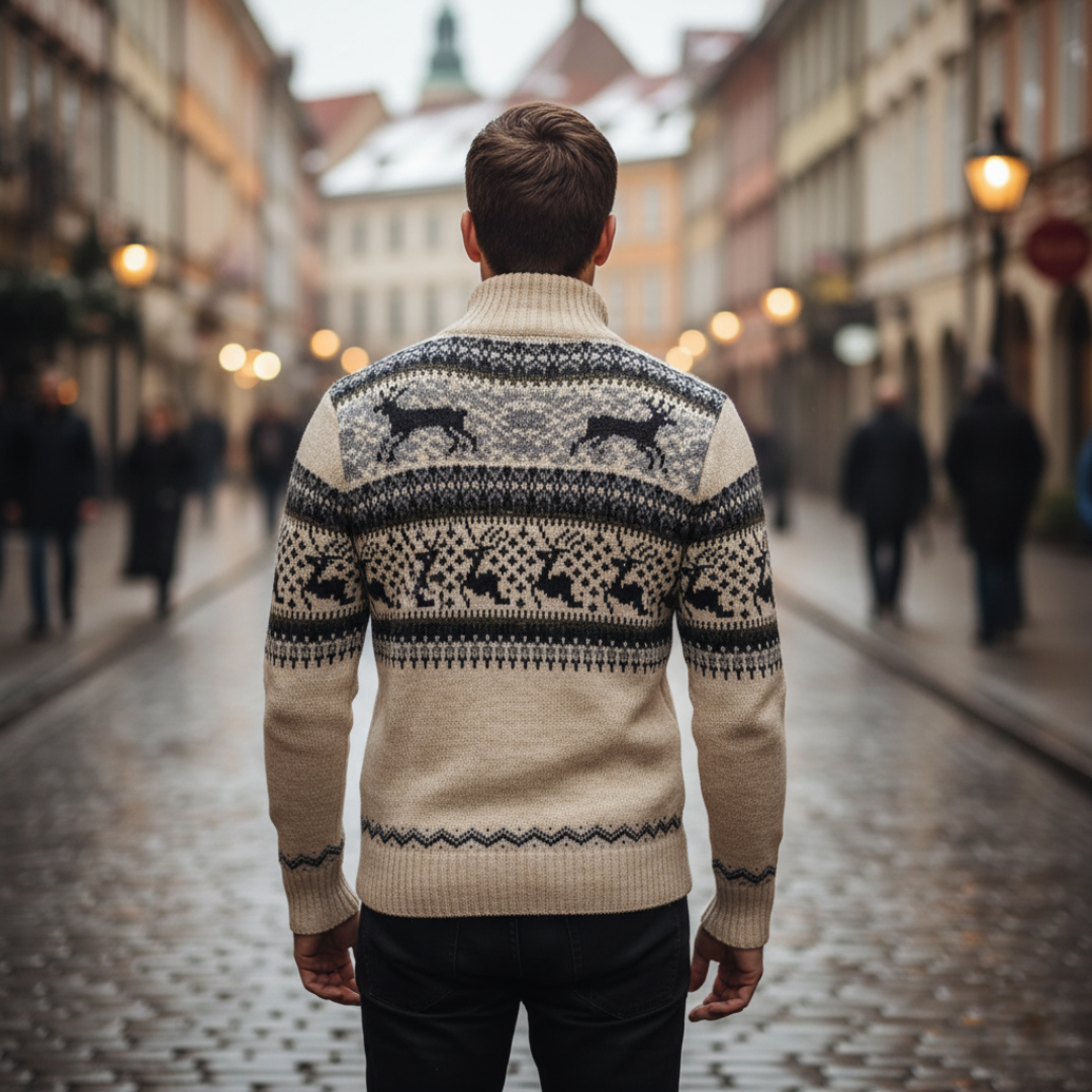 Maglione Uomo con Zip e Motivo Natalizio