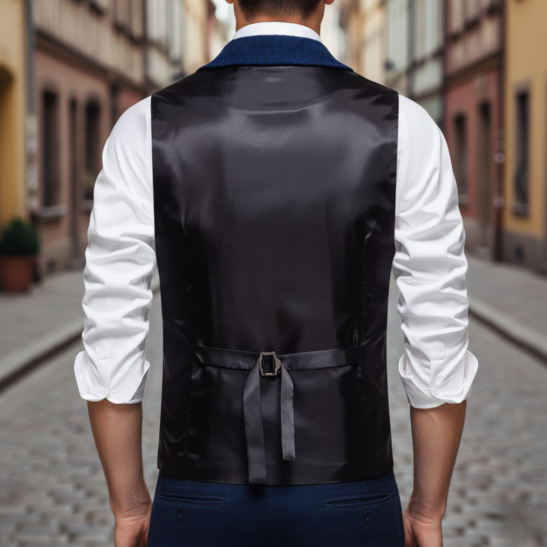 Gilet Uomo Slim Fit in Tweed Spigato con Revers e Bottoni