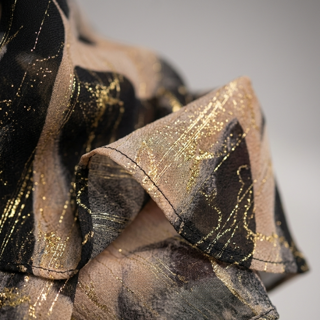 Maxi Abito Donna in Chiffon Stampato Manica Tre Quarti Linea A Oro