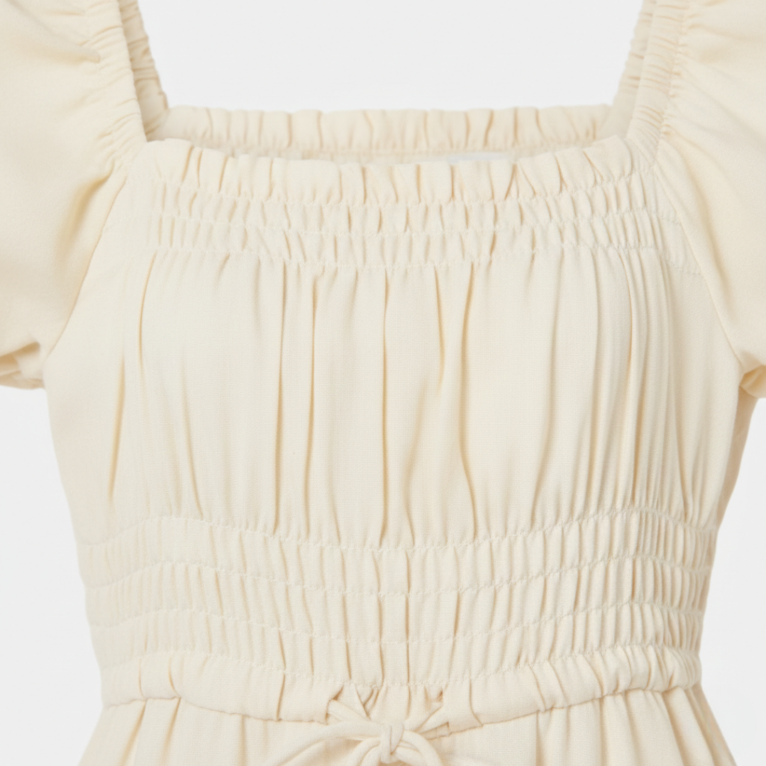 Abito Midi Donna Scollo Quadrato Maniche Sbuffo Cotone Crema