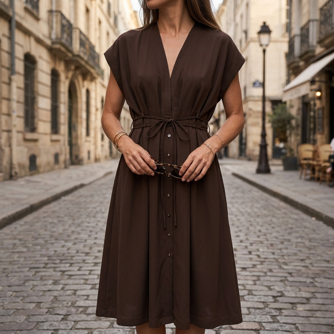Abito Lungo Donna Drappeggiato Scollo a V Maniche Corte