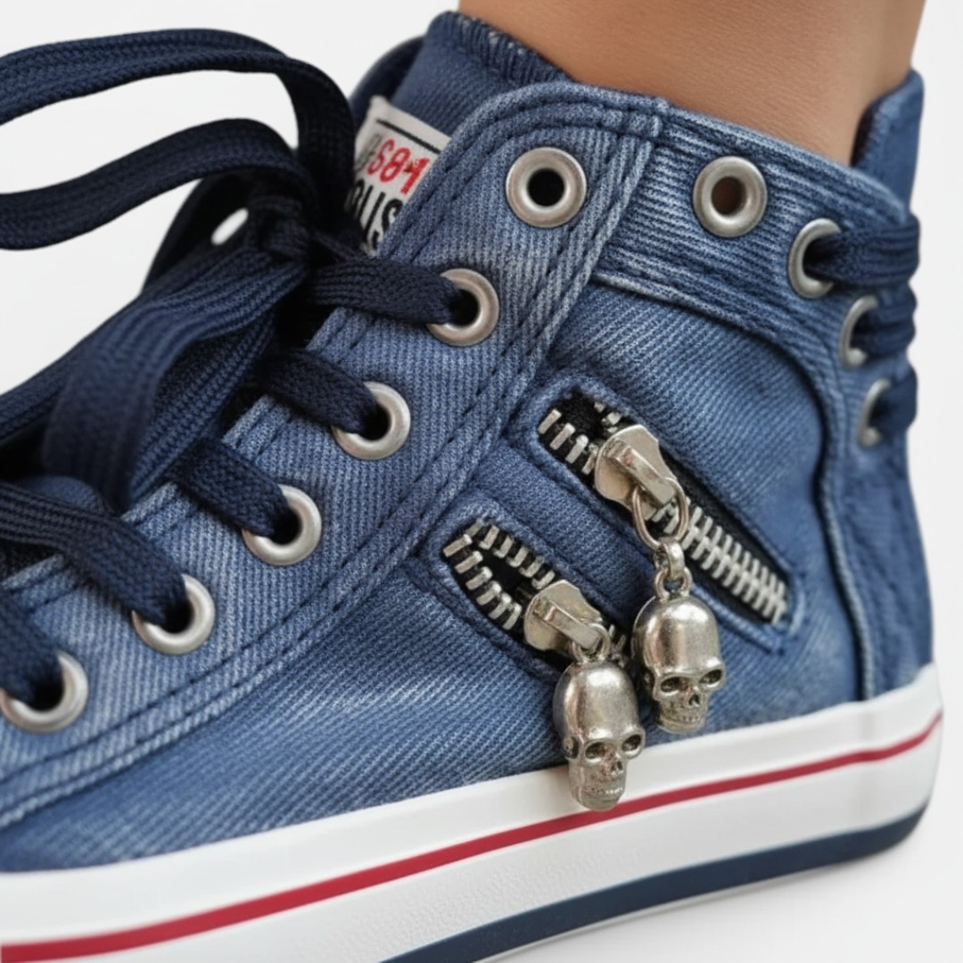 Sneakers Alte Donna in Denim Blu con Doppia Cerniera e Lacci