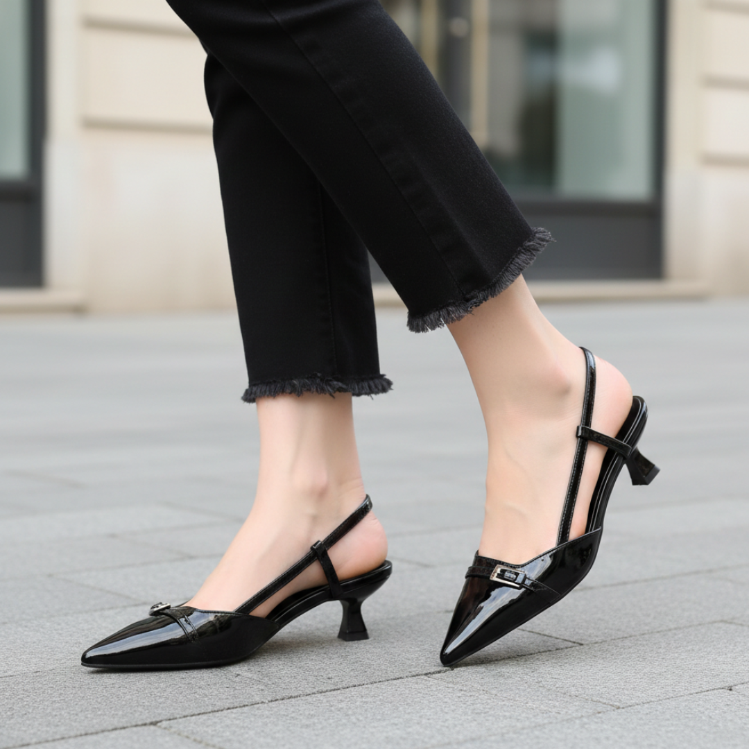 Décolleté Slingback a Punta con Tacco a Rocchetto e Fibbia Donna