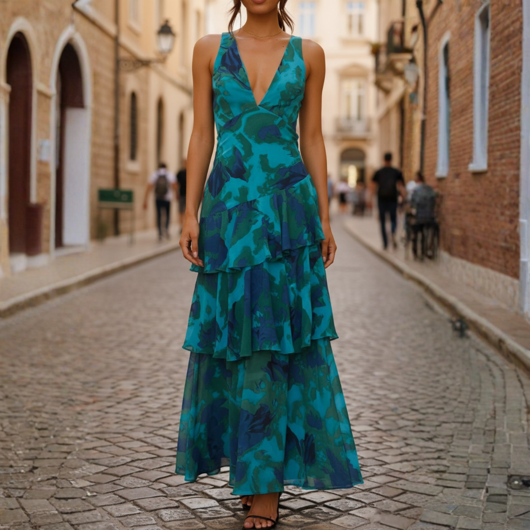 Abito Lungo Donna Multicolore con Balze e Scollo a V
