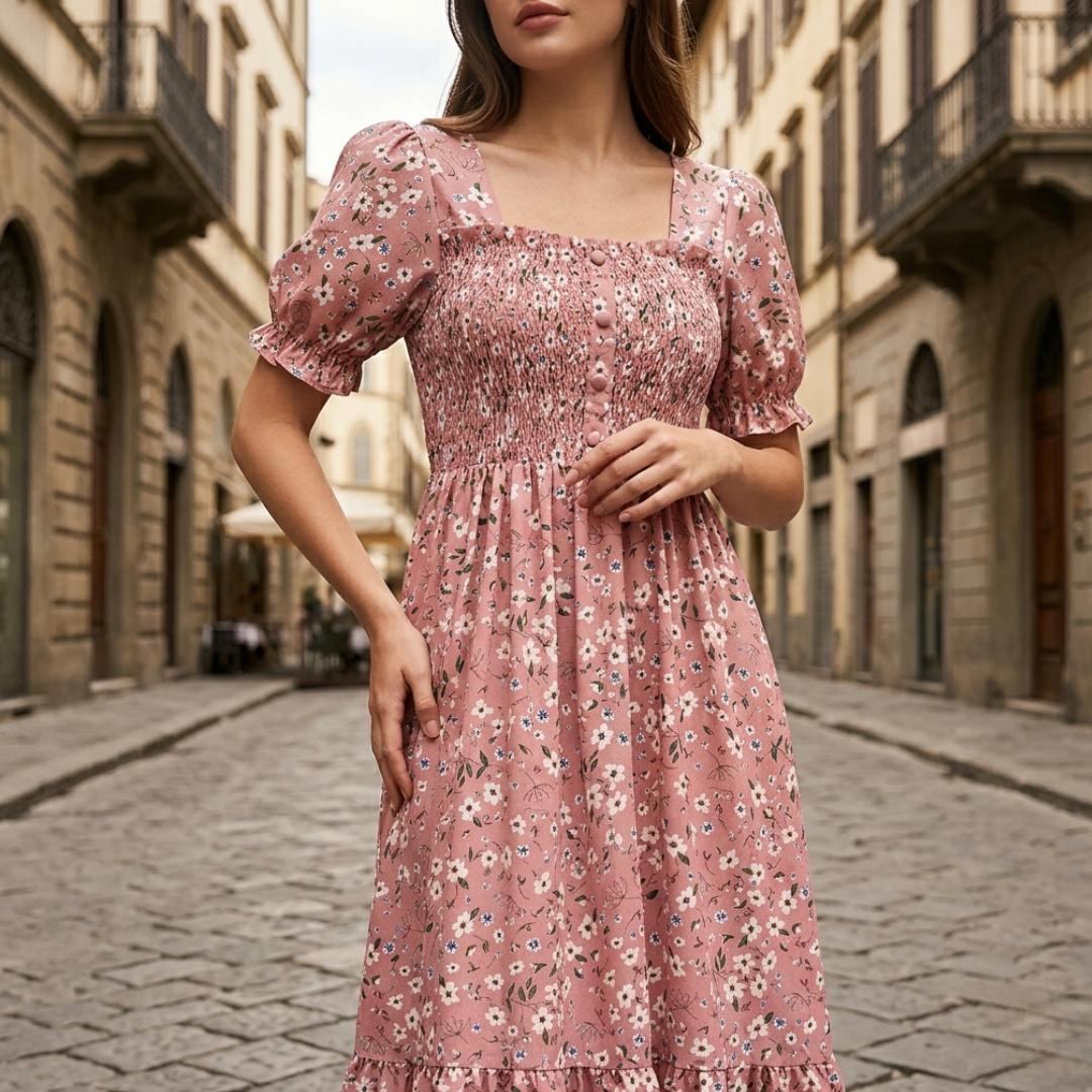 Abito Midi Donna Floreale Drappeggiato Maniche a Sbuffo