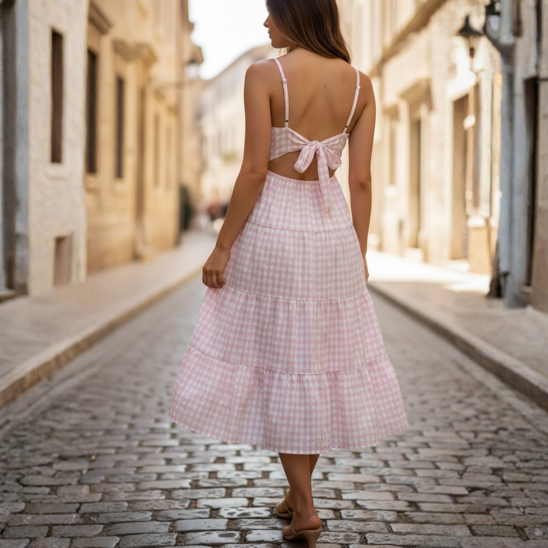 Abito Midi Estivo a Quadretti da Donna con Gonna a Balze
