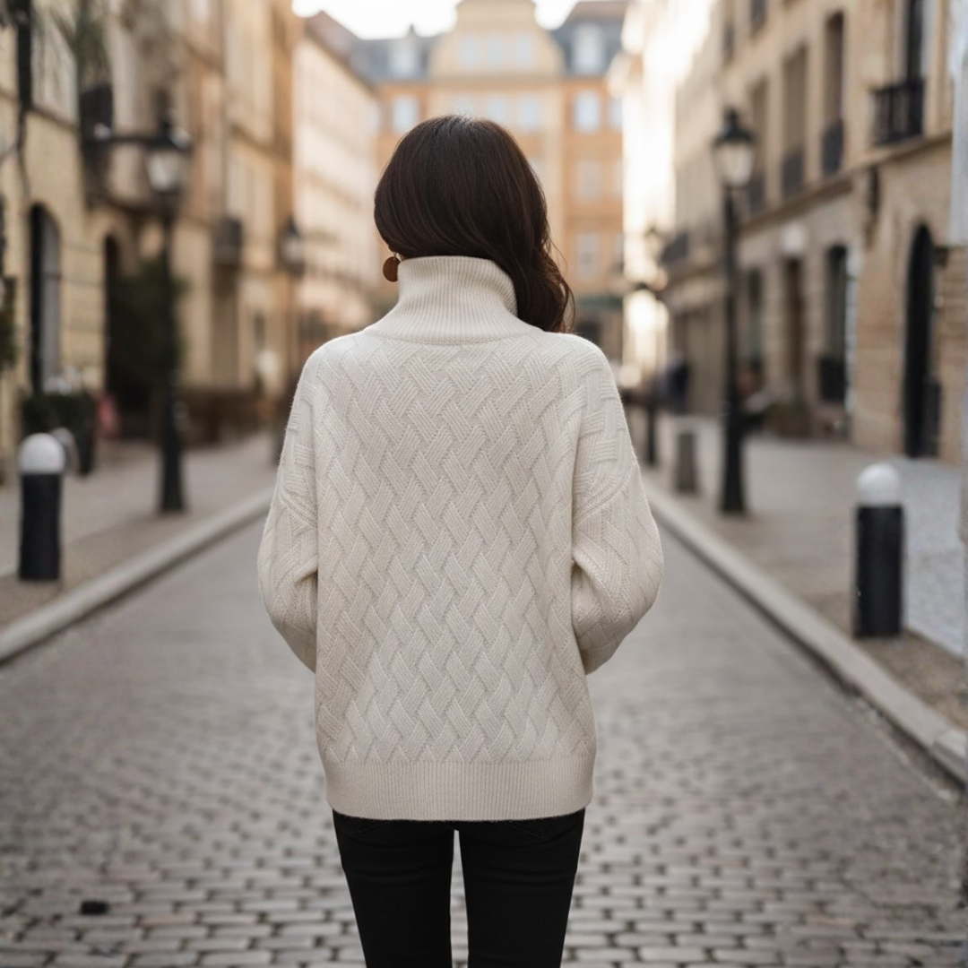Maglione Donna Dolcevita con Trecce Beige e Bianco