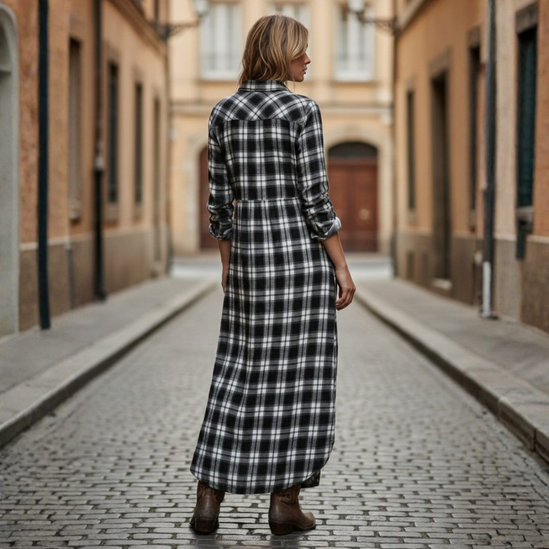Abito Maxi Donna a Quadri con Bottoni e Maniche Lunghe