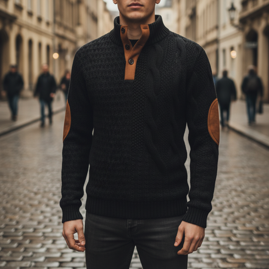 Maglione uomo con colletto alto e pelle scamosciata