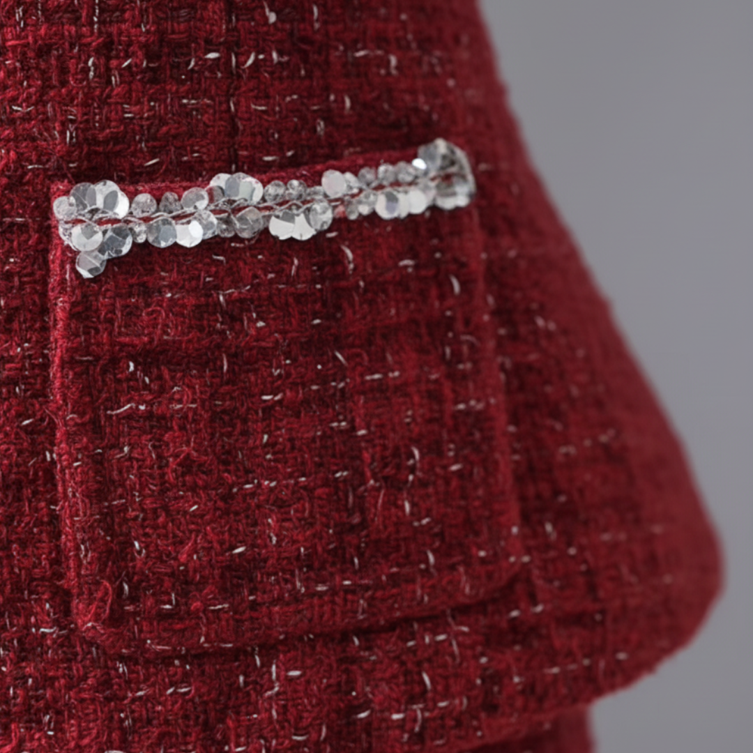 Completo Donna Gonna e Blazer in Tweed Due Pezzi con Pizzi e Bottoni Rosso
